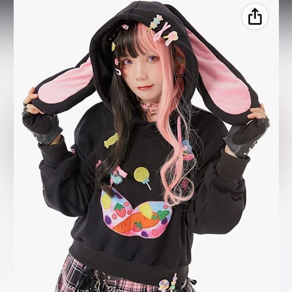 Micotaku Pullover Bunny Ear Hoodie Detachable Bag Furry Cat Paw Design Gloves XL - Picture 1 of 11